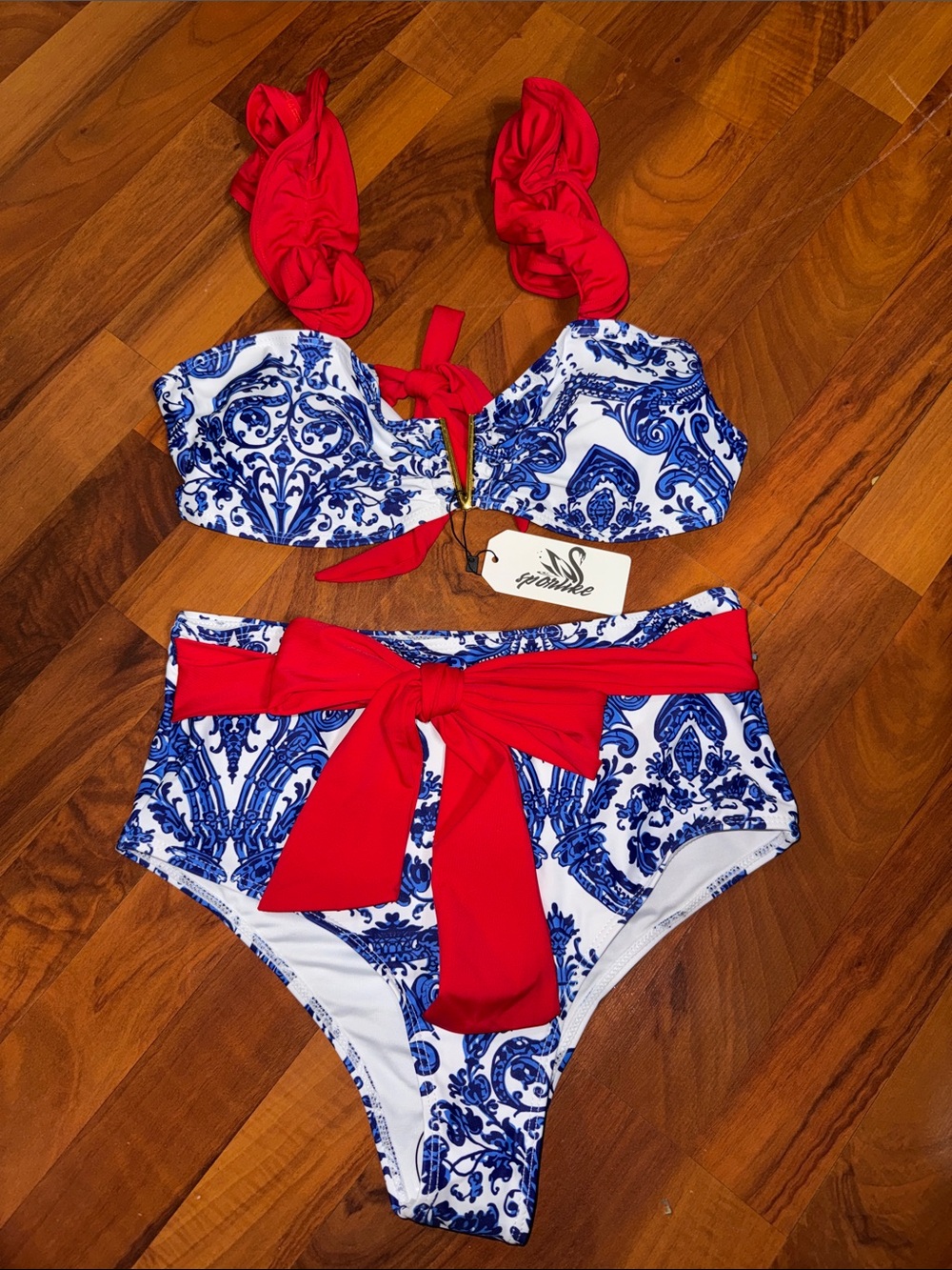 NWT Red & Blue High-Waist SPORLIKE bikini swimsuit Flounce Straps M